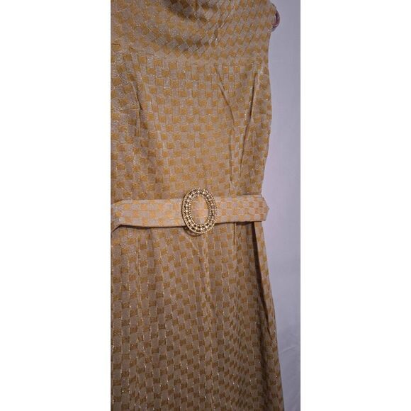 Vintage 1960's Gold Metallic Checkered Geometric Maxi Dress w/ Belt Size 14 - Picture 2 of 7